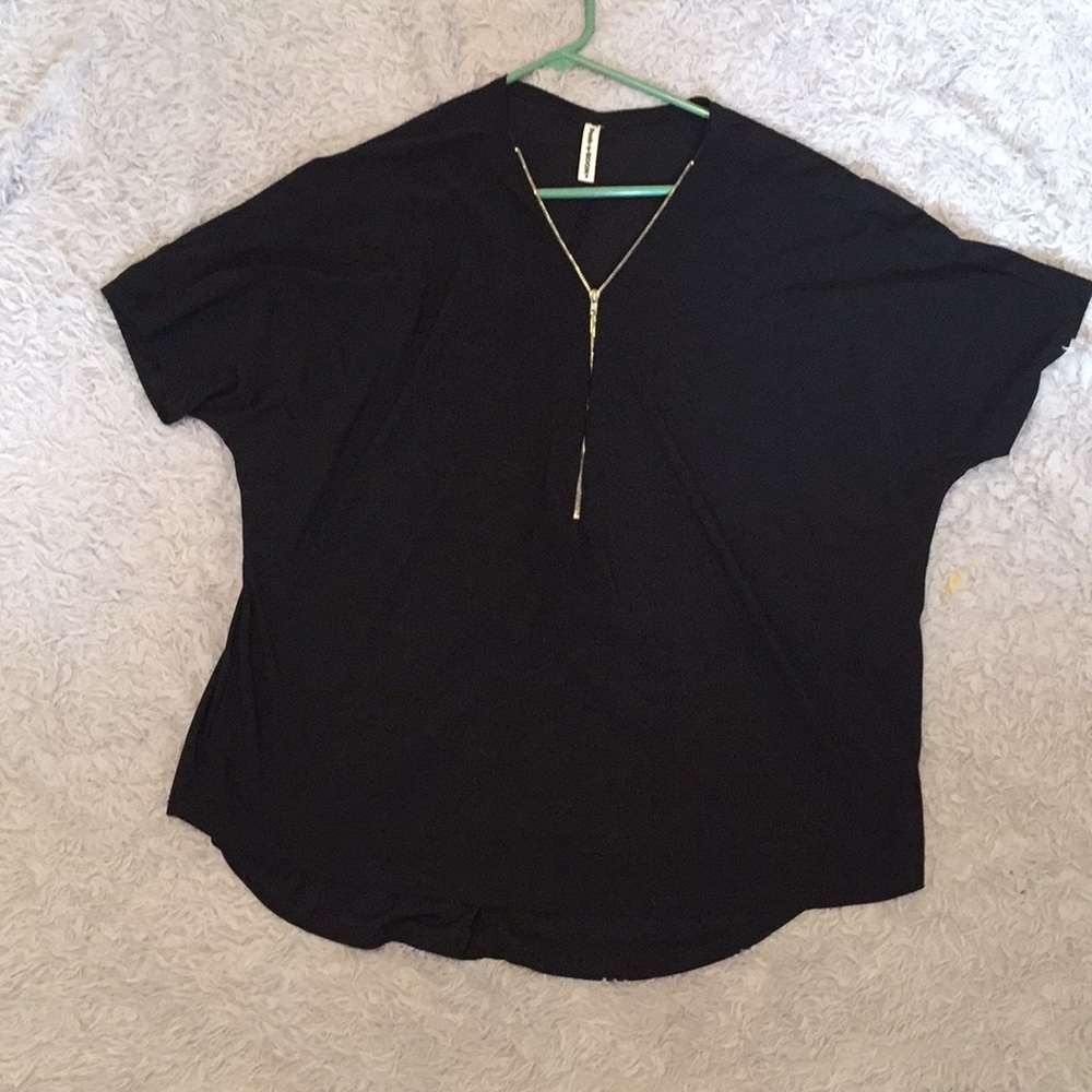 Peek-A-Boom black dress shirt with silver zipper